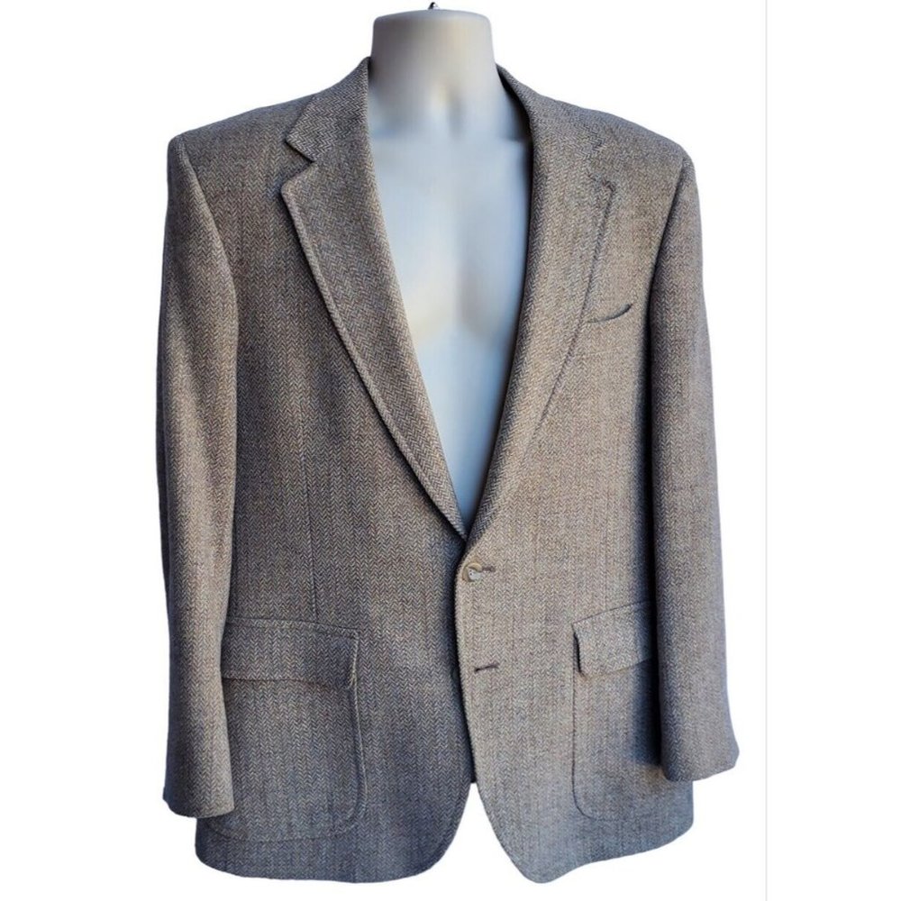 1980's Hastings Tan Herringbone 2 Button Wool Sport Coat Dress Jacket Cosplay L